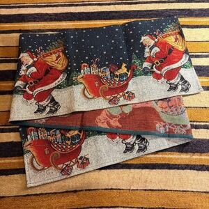 Vintage Christmas Santa‎ Claus Woven Tapestry Table Runner Navy Blue Holiday